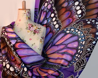 Butterfly Wings Scarf, Women scarf, Cotton scarf, Purple Scarf, Hand Painted Silk Scarf, Purple Silk scarf women