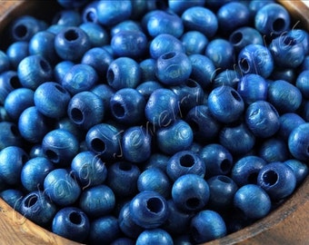 50 pcs Round Wood Beads, (9mm x 7mm) Wood Beads, Navy Blue Wood Beads, Natural Wood Beads, Wood Loose Beads, Wood Beads