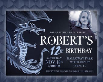 Realistic Blue Dragon Birthday Invite