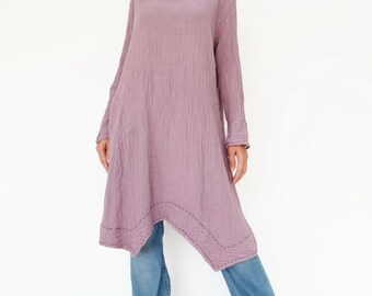 NO.201 Dusty Lilac Double Cotton Gauze Long Sleeves Tunic Dress, Boat-Neck Dress, Stitch Detail Tunic, Women's Tunic