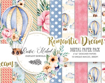 Digital paper,Hot Air Balloon Papers, Birthday Party papers, Balloon digital papers, scrapbook papers, watercolour, digital paper pack
