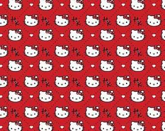 Hello Kitty Fabric, Cat Fabric: Sanrio Hello kitty heads allover - Plaid Diamond on RED 100% cotton Fabric by the yard 36"x43" (SC3)