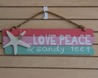 Southern Crafty, "Love, Peace & Sandy Feet" wall hanging with Starfish cut out