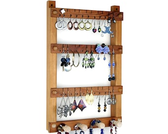 Wooden Jewelry Holder - Hanging Earring Display, Cherry, 4 Jewelry Organizer Pegs. Holds 30 pairs. Wall Mount Earring Holder