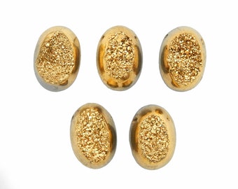 5pcs Gold Colored Titanium Oval Shaped Druzy Cabochon 10mm x 14mm Top Side Drilled Bead - Bulk of 5 (RK78B10-02)