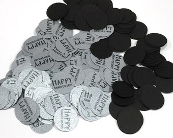 Anniversary Confetti 3/4 Inch Circles - Happy Anniversary, Black and Silver or Your Choice of Colors