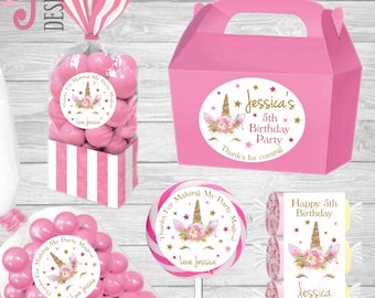 Personalised Gold Unicorn Birthday Stickers Great for Boxes ,Bags ,Candy/Sweet Cones ,Love Heart Sweets ,Lollipops ,Favours