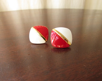Vintage Bergere Post Earrings; Red, White, and Gold; enamel on brass; 1970s; marked