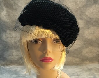 Vintage black velvet scalloped pill box hat with veil
