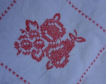 Vintage Redwork Tablecloth / Hand Embroidered Turkey Red Cloth