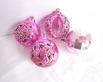 Vintage Christmas Pink Ornaments 1950s Mid Century Decorations Vintage Plastic Group of 4