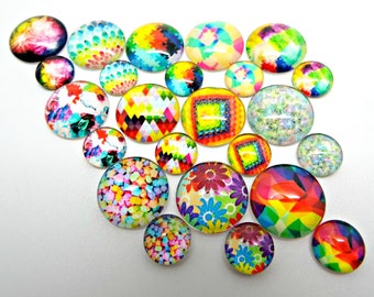 Rainbow Cabochons, 16mm or 10mm, Pack of 12 or 30, Glass Cabochons, Rainbow Jewelry, 12 Designs, Domed Cabs, Cabochon Jewelry, UK Seller
