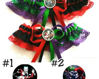 Comic Villain half n half Satin/Satin and Lace Garter/Garter Set-Your choice of embellishment.