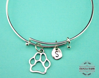 Paw Bangle, Paw Bracelet, Paw Charm, Dog Bracelet, Dog Charm, Dog Bangle, Charm Bracelet, Personalized, Silver Plated Bangle, Initial Charm
