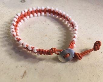 Orange Bracelet - Macrame Jewelry - Leather - Fashion - Trendy - White Seed Beads - Silver Button - UT - Longhorns