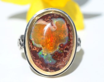 Silver Gold Fire Opal Ring - Sterling Silver 22K Gold Mexican Fire Opal ring - US 7.25 - mixed metal Boulder Opal ring with stars - 7 1/4