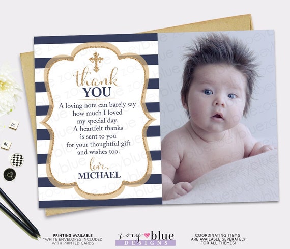 baptism thank you card navy stripes gold boy picture thank baptism thank you photo cards