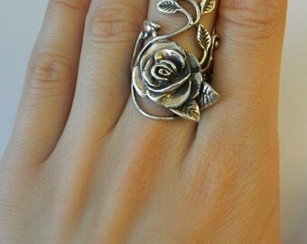 925 Sterling Silver Rose leaf Vine design Ring , Stunning, Heavy