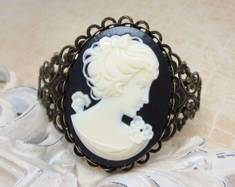 Cameo Bracelet Filigree Cuff Bracelet Black White Cameo Victorian Downton Abbey Jewelry Gift