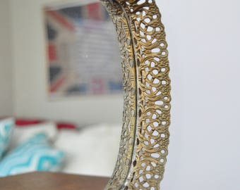 Vintage Mirrored Vanity Tray with Filigree Scroll Edge, Gold Tone, Brass, Oval