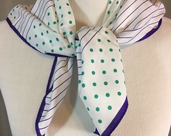 Vintage White Scarf with Green Polka Dots and Purple Stripes 26.5 Inches by 25.75 Inches Previously 13 Dollars ON SALE
