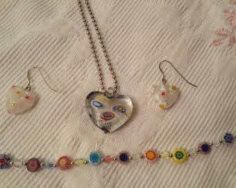 Millefiori glass necklace, earrings and bracelet