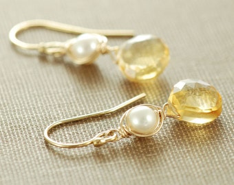 Honey Citrine Pearl Earrings, November Birthstone Jewelry, Gold Gemstone Dangle Earrings, aubepine
