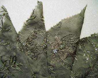 OLIVE....10 x Emroidered Bugle Beaded Crinkle Chiffon...100% Silk...12 x 120 cm each