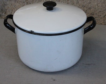 FREE SHIPPING White Enamelware Pot with lid and Black Trim