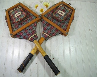 Wooden Tennis Rackets with Plaid Canvas Covers & Wood Guards - Vintage Retro Sports Equipment Ensemble 6 Piece Set - Repurpose GameRoom Art