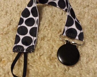 Pacifier clip, Black and white polka dots