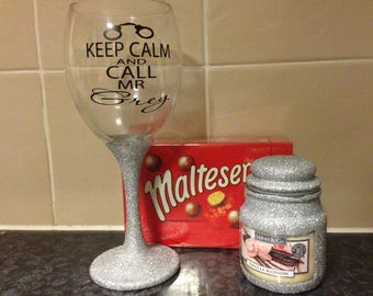 Hand Glittered Silver Mr Grey Wine Glass / Candle / Hamper (Fifty Shades of Grey)