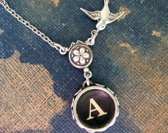 Typewriter Jewelry, Antique Typewriter Key Necklace Letter A with Bird, Typewriter Charm Necklace