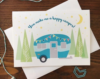 Happy Camper Card. Vintage Camper Card. Love Card. Camping Card. Anniversary Card. Vintage Caravan. Travel Card. Single Card. Blank Card.