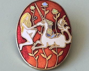 Lovely vintage woman and Unicorn cloisonne style brooch
