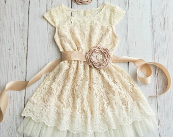 Rustic Flower Girl Dress, Country flower girl dress, Ivory Champagne flower girl lace dress, Junior Bridesmaid,Baby toddler lace dress