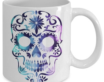 Sugar skull - blue purple - coffee / hot chocolate / tea mug - 11 oz ceramic cup