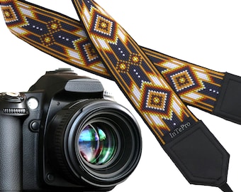 Inspired by Native American camera strap. Southwestern camera strap. Black, white, light brown camera strap. Camera accessories by InTePro