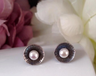 Sterling silver oxidised studs with white pearls