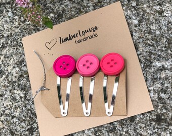 Button Hair Clips, Set of 3 in Magenta, Rose and Coral