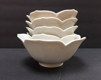 Vintage Nesting Lotus Bowls White Porcelain Bowls Set of Five Mid Century Asian Flower Serving Bowls