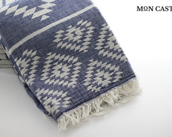 Kilim Aztec Blanket | Double Sided | Throw Blanket | Bohemian Throw Blanket | Turkish Throw | Beach Blanket | Cotton | Aztec Throw | Navy