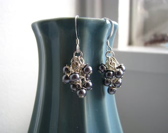 Silverberry Earrings - Glass Cluster Earrings in Dark Grey and Silver