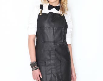Cross-Back Apron - Coated Jet Black Denim - Split-Leg - Black Leather