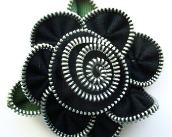 Black Floral Brooch / Zipper Pin by ZipPinning 3031