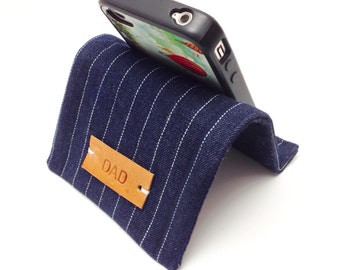 Iphone Stand Holder Smartphone Ipod Stand Personalized Gift Idea For Him - Pinstripe Blue Denim