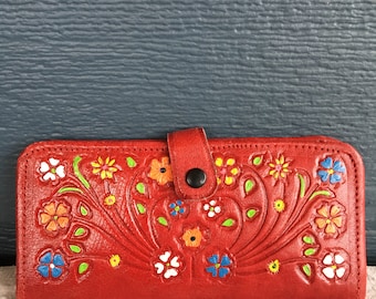 Vintage Red Leather Floral Wallet, Tooled Leather Flower Design Colourful Wallet