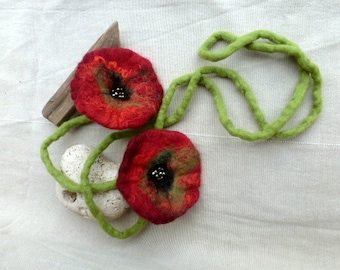 Felt necklace, felt jewelry poppies