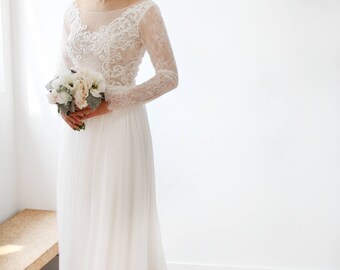 Simple Chiffon White Lace Long Sleeve Wedding Dress