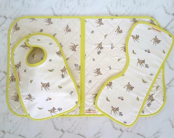 Diaper Change Mat, Bib, Burp Cloth, Newborn Gift Ideas, Baby Niece Gift, New Parent Gift, Deer Baby, Bambi, Thumper, Lime, Cream